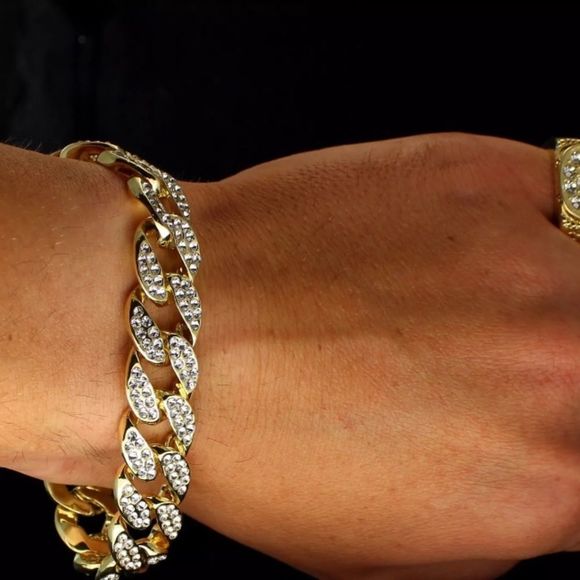 New Miami Cuban 14K Gold Iced Out Mens Bracelet - Picture 2 of 2